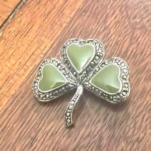 Silver and Green Heart Clover Brooch